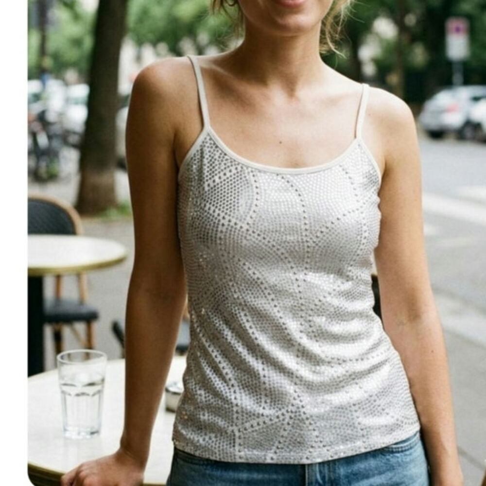 White House Black Market NWT sequin camisole tank top cotton Small silver white